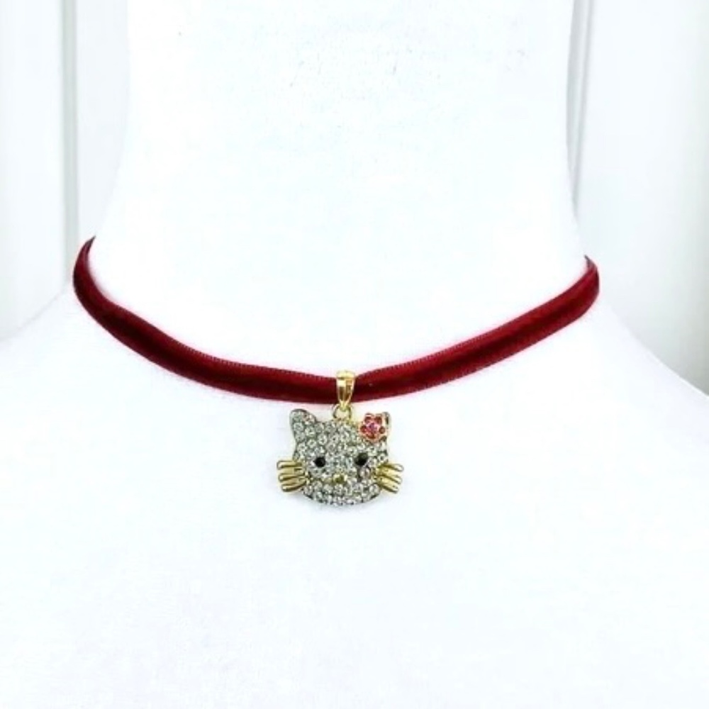 Choker Necklace Hello Kitty Burgundy Velvet Ribbon